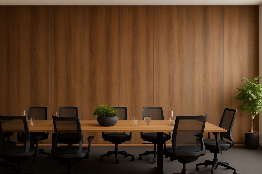 Walnut-toned panel finish in interior setting